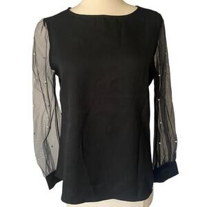 H&M Black Long Sleeve Blouse Top Mesh w Beaded Pearls Sz Small